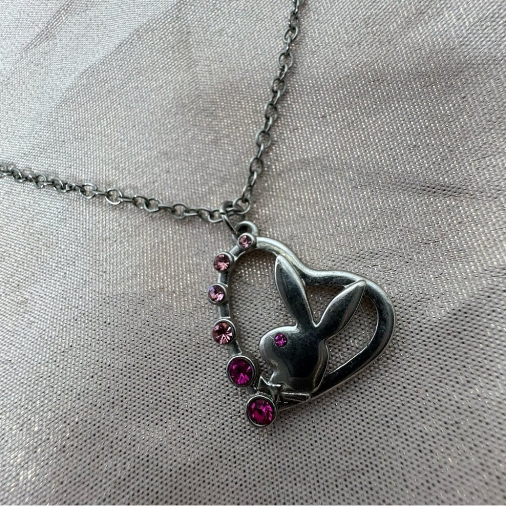 Playboy bunny necklace pink jewel diamonds silver chain link 1953 rabbit head - Picture 10 of 11